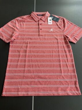 Cutter and Buck Men's Crimson and White Striped Polo with Alabama A NWT